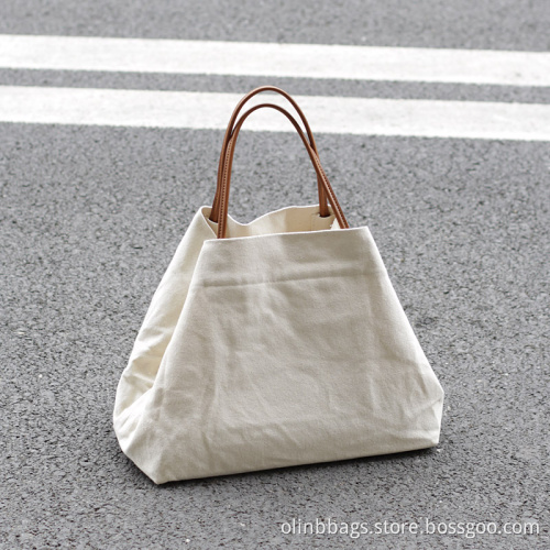 Plain Canvas Shopping Tote Bags with PU Handle
